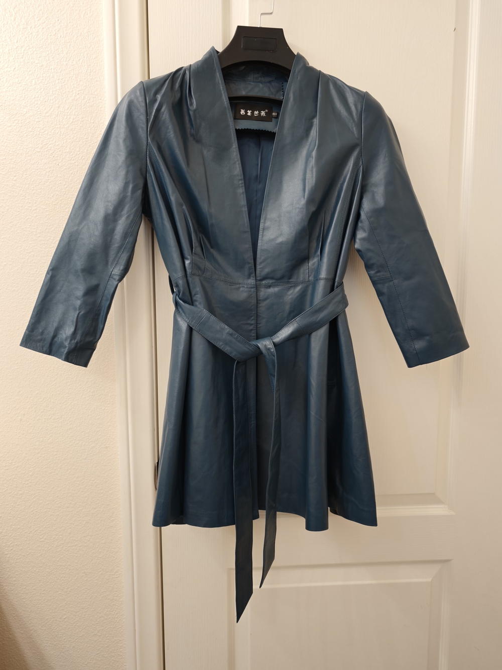 Stylish Teal Faux-Leather Belted Coat